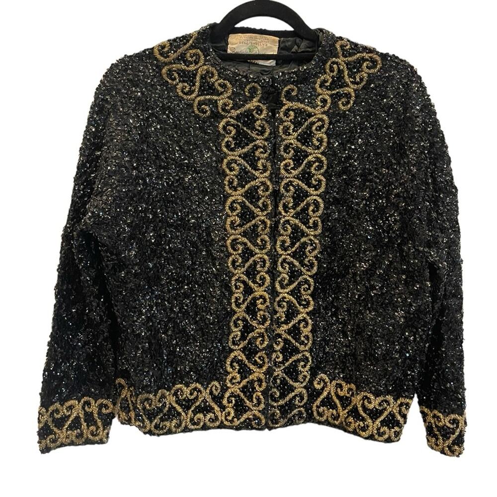 Vtg Gene Shelly Black Gold Beaded Sequin Evening Party Jacket L
